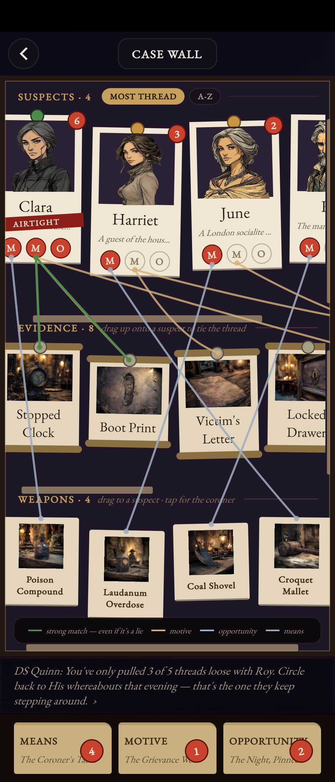 AlibA.I. — the case wall: suspects, evidence, and weapons tied by threads